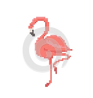 Pixel art flamingo isolated on white background.