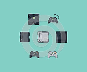 Pixel art flat icons set. Retro technology, computer, joystick, gamepad. Design apps. Game assets. Isolated abstract