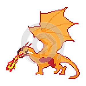 Pixel art flying dragon, dragon pixel illustration, Vector cartoon monster pixel design