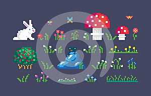 Pixel art forest icons set