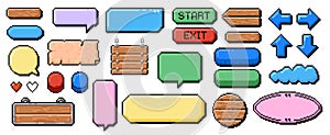 Pixel art frames. Retro 8 bit buttons, arrows, speech bubble messages and quote frame. Game UI vector template set