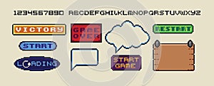 Pixel art frames. Retro 8 bit buttons, arrows, speech bubble messages and quote frame. Game UI vector template set of