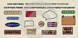 Pixel art frames. Retro 8 bit buttons, arrows, speech bubble messages and quote frame. Game UI vector template set of
