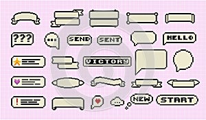 Pixel art frames. Retro 8 bit buttons, arrows, speech bubble messages and quote frame. Game UI vector template set of pixel game