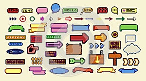 Pixel art frames. Retro 8 bit buttons, arrows, speech bubble messages and quote frame. Game UI vector template set of pixel game