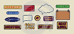 Pixel art frames. Retro 8 bit buttons, arrows, speech bubble messages and quote frame. Game UI vector template set of