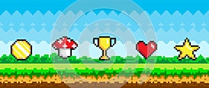 Pixel art game background with reward object in air. Pixel-game scene with grass and awards in sky