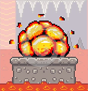 Pixel art game scene concrete plarform with bang explosion, dungeon with flowing river of fire