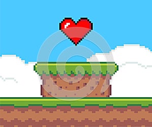 Pixel art game scene with grass platform stands on the ground against a blue sky and big red heart