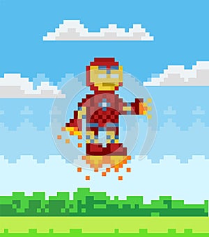 Pixel art game scene with ground, grass and sky with clouds. Flying iron man, robot in metal suit