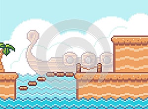 Pixel art game scene with wooden plarforms, palm, steps of boards, cloudy sky and ship in the fog