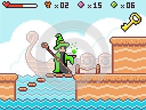 Pixel art game scene with wooden plarforms, wizard, ladder of boards, cloudy sky and ship in the fog