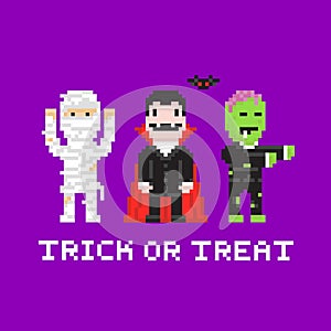 Pixel art game style cartoon halloween mummy, dracula, zombie