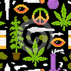 Pixel art game style medical marijuana objects weed seamless vector pattern black