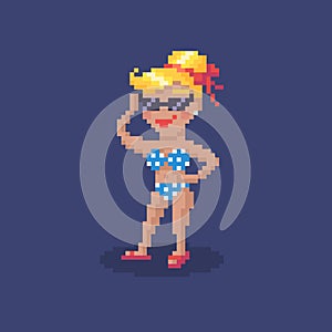 Pixel art girl character. Young woman in a swimsuit on vacation