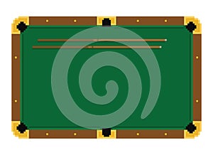 Pixel art green billiard table with cue on white background