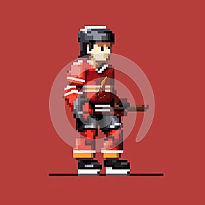 Pixel Art Hockey Player In Makoto Shinkhai Style - Red Minimalist Design