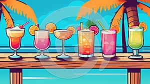 Pixel art illustration of colorful cocktails on a beach