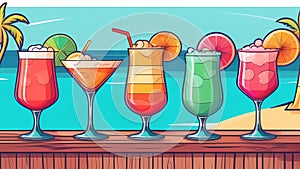 Pixel art illustration of colorful cocktails on a beach