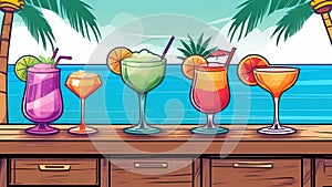 Pixel art illustration of colorful cocktails on a beach