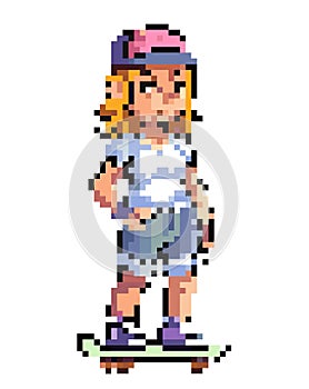 Pixel art illustration with isolated cool girl. Californian skateboard outfit. Digital style. Pixelated modern sticker 90s,