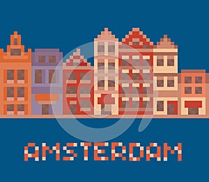 Pixel art illustration shows amsterdam holland