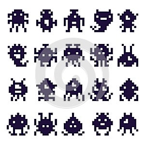 Pixel art invaders silhouette. Space invader monster game, pixels robots and retro arcade games isolated vector icons