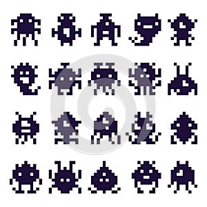 Pixel art invaders silhouette. Space invader monster game, pixels robots and retro arcade games isolated vector icons set