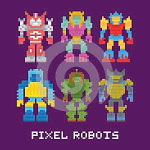 Pixel art isolated robots vector set