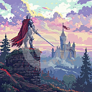 Pixel Art Knight Overlooking Distant Castle at Sunrise