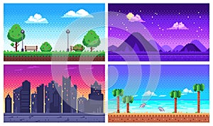 Pixel art landscape. Summer ocean beach, 8 bit city park, pixel cityscape and highlands landscapes arcade game vector