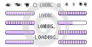 Pixel art loading bar interface. 8 bit game progress button elements set and