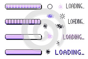 Pixel art loading bar interface. 8 bit game progress button elements set and