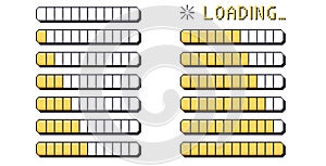 Pixel art loading bar interface. 8 bit game progress button elements set and