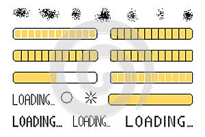 Pixel art loading bar interface. 8 bit game progress button elements set and