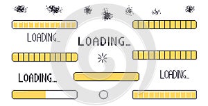 Pixel art loading bar interface. 8 bit game progress button elements set and