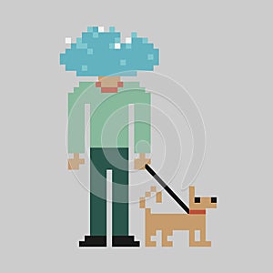 Pixel art man with dog with head in the cloud. Concept: head in the clouds. Person with no head and a cloud instead- Distracted,