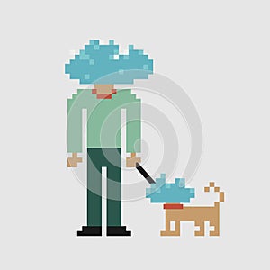 Pixel art man with dog with head in the cloud. Concept: head in the clouds. Person with no head and a cloud instead- Distracted,