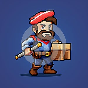 Pixel Art Merchant Game Character Sprite Animation: Delivery Driver With Sword And Shield