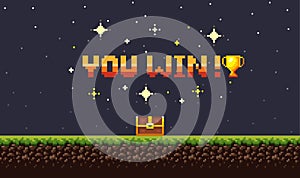 Pixel art night game background with grass, sky and you won game 8-bit text. Game screen pixel