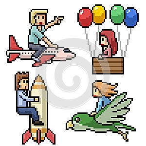 pixel art people flying dream