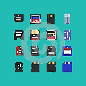 Pixel art phone and photo memory card vector 8 bit icon set on light blue background. Video game 8-bit sprite.