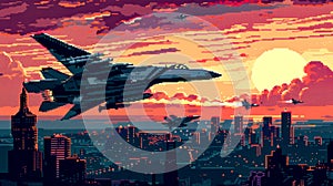 Pixel art picture of fighter jet flying over city at sunset. AI