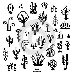 Pixel art plants, 8 bit monochrome vegetation icons, retro styled living nature elements, various fantastic herbs sprites