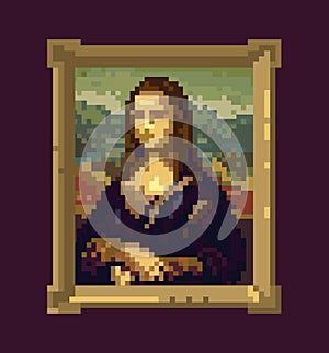 Pixel Art, Portrait of Mona Lisa, Leonardo da Vinchi in frame. Creative artwork, crypto art, modern digital photo