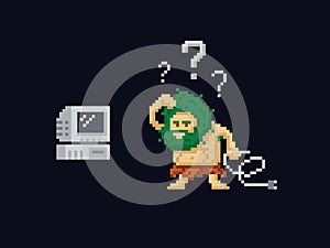 Pixel art primitive ancient cave man confused holding a power cord and looking at old vintage computer. Vector