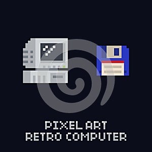 Pixel art retro computer and blue floppy diskette icon - vintage 8 bit vector set on dark background