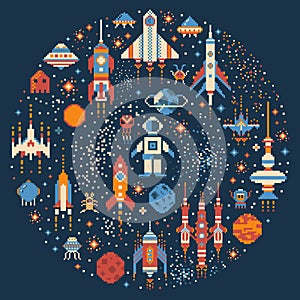 Pixel Art Retro Space Adventure Circle Print