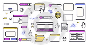 Pixel art retro windows interface. 8 bit text boxes with pointers cursors, arrow