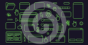 Pixel art retro windows interface. 8 bit text boxes with pointers cursors, arrow